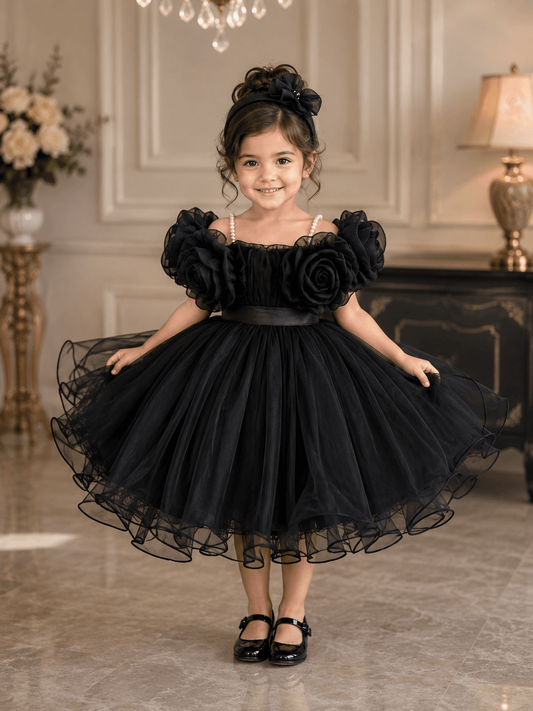 Black Rosette Princess Dress With Tail